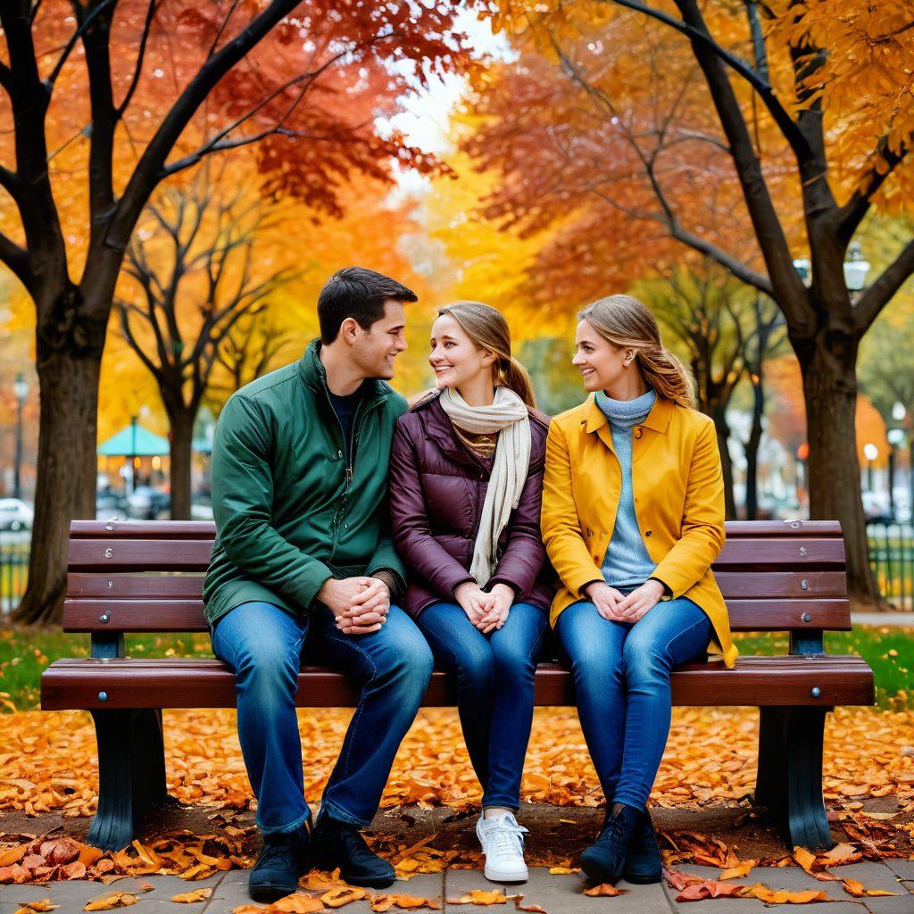 A warm, cozy illustration of a couple sitting on a park bench, facing each other, engaging in deep conversation. Their faces are lit with understanding and respect, showcasing their commitment through interlocked fingers. Soft autumn colors in the background with falling leaves. painting. vibrant colors.