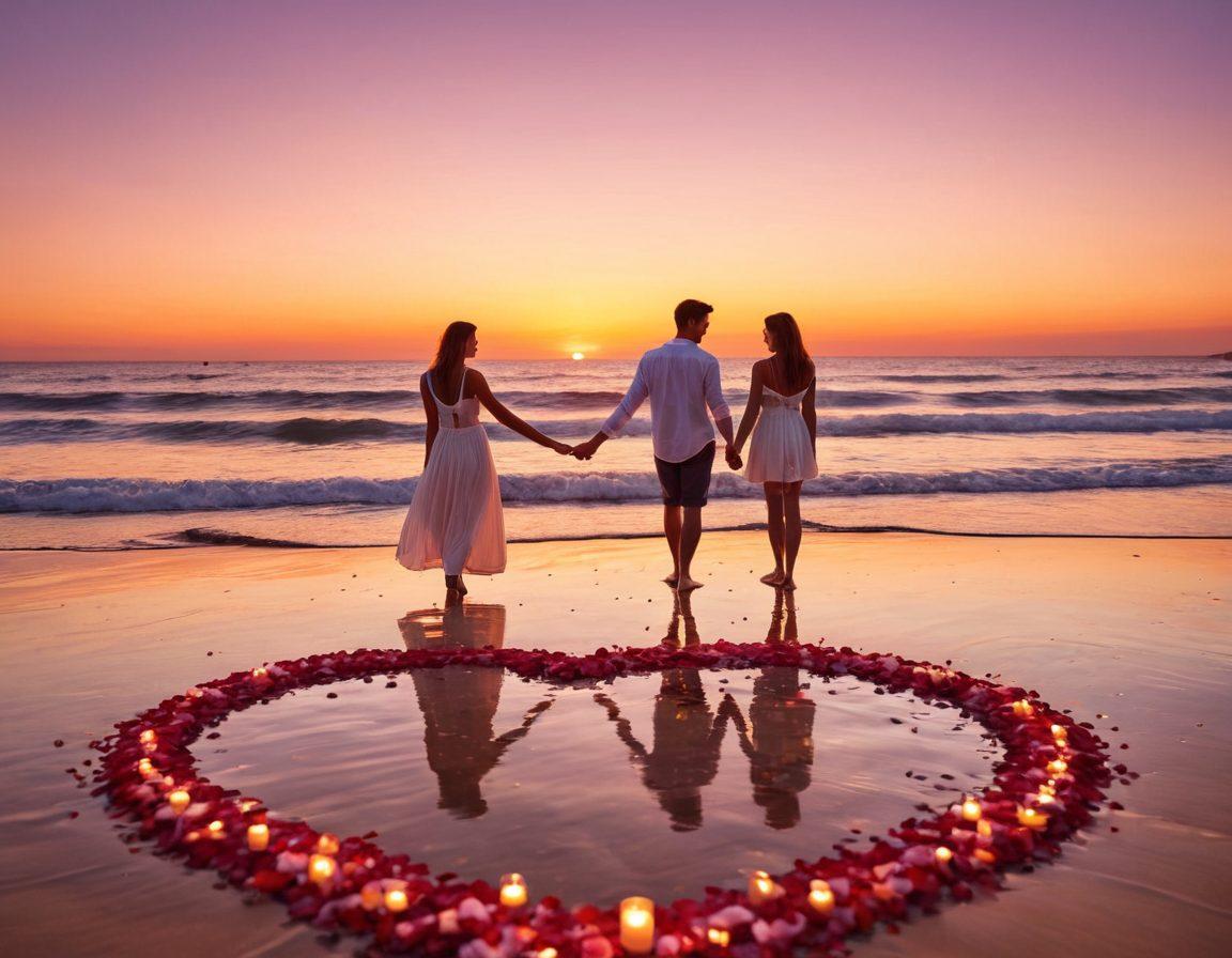 A serene sunset with a couple holding hands on a beach, surrounded by hearts and rose petals floating in the air, with soft, dreamy reflections in the water. Include a picnic setup with a candlelit dinner in the foreground, symbolizing romance and intimacy. painting. vibrant colors. dreamy atmosphere.