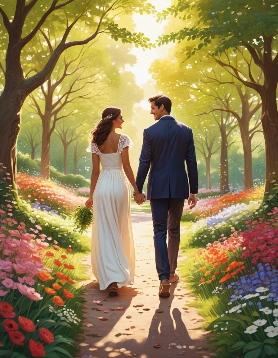 A romantic couple holding hands while walking through a lush, serene park filled with blooming flowers and soft sunlight filtering through the trees. They are smiling and looking at each other lovingly, with a sense of connection and happiness. Background shows a blend of nature and subtle heart motifs. vibrant colors. super-realistic.